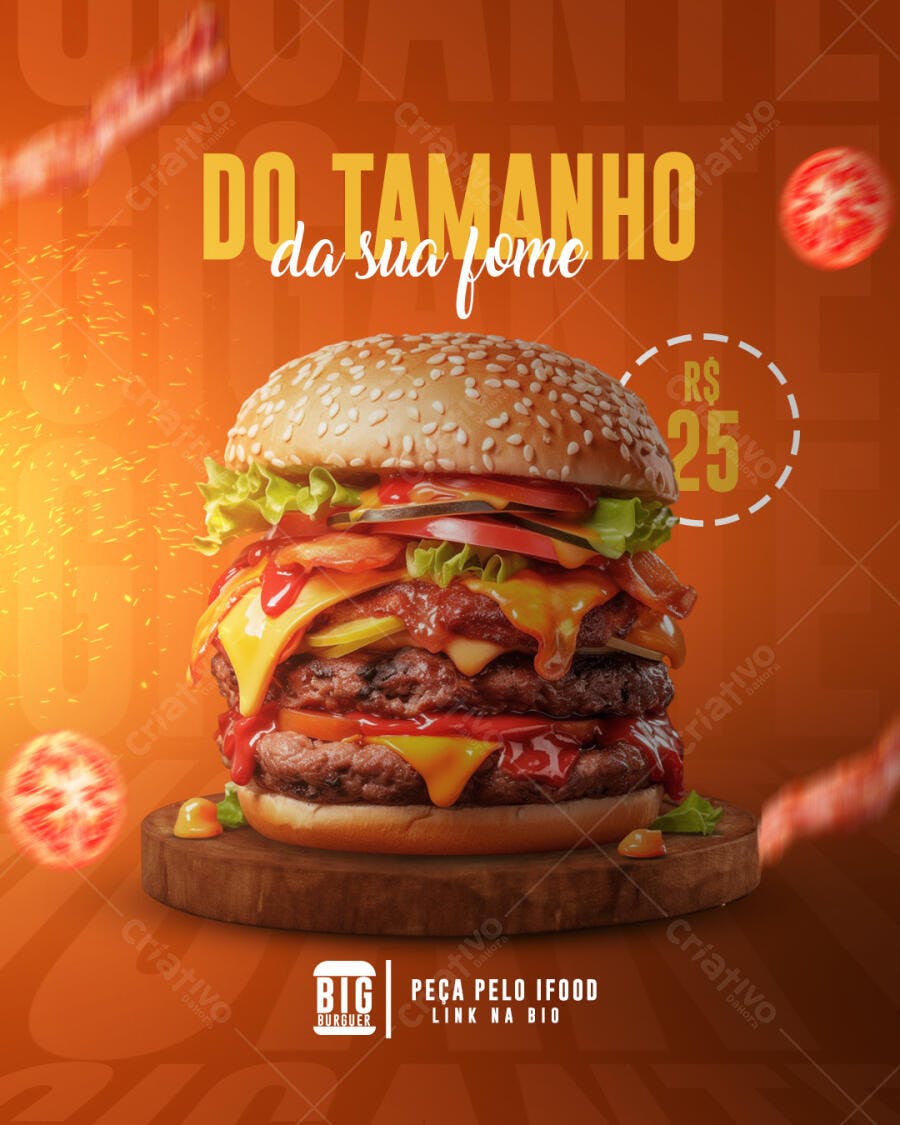 Flyer para Hamburgueria "Do Tamanho da Sua Fome" PSD Editável