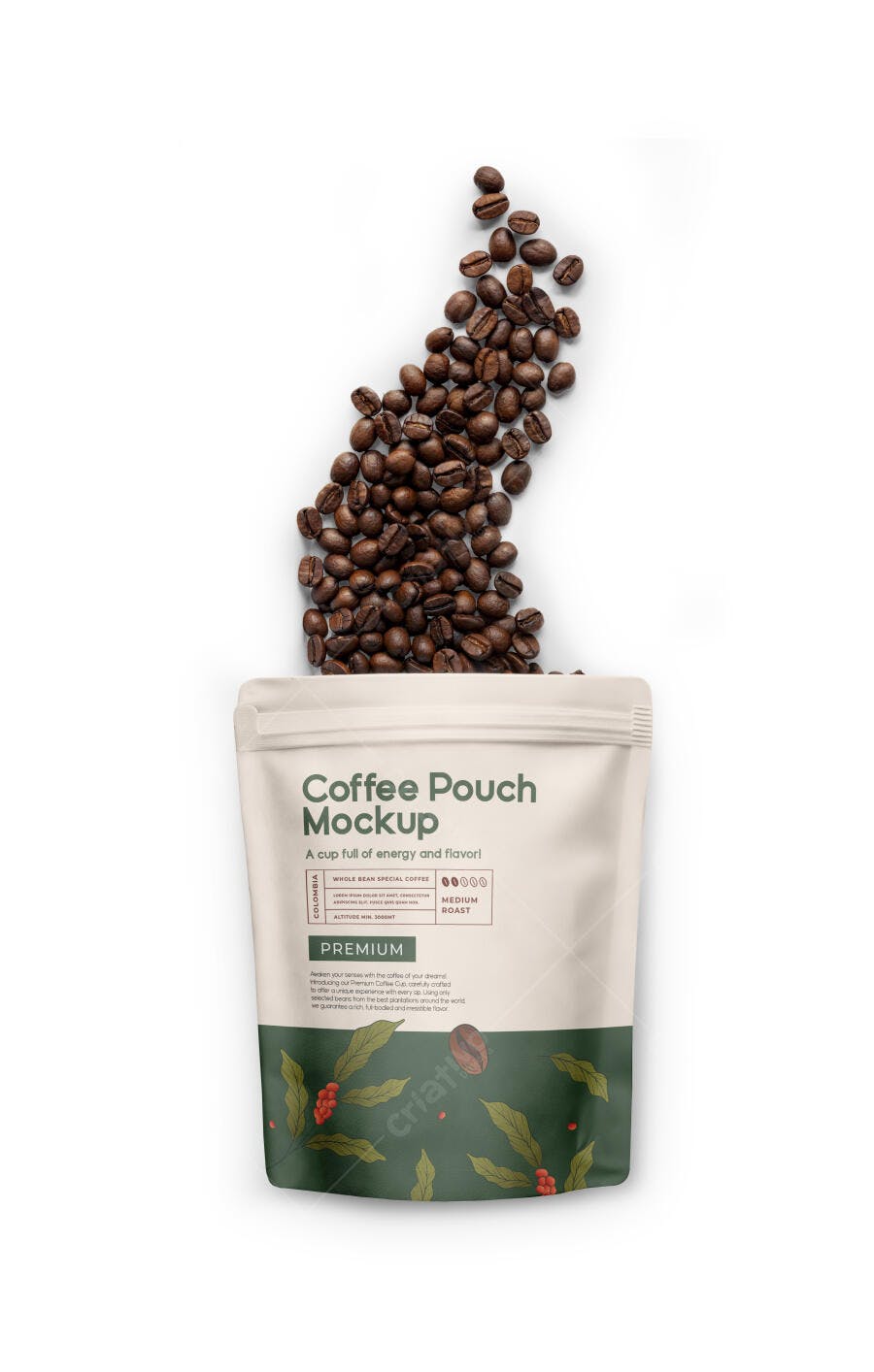 Mockup Realista de Embalagem para Grãos de Café com Design Botânico Verde