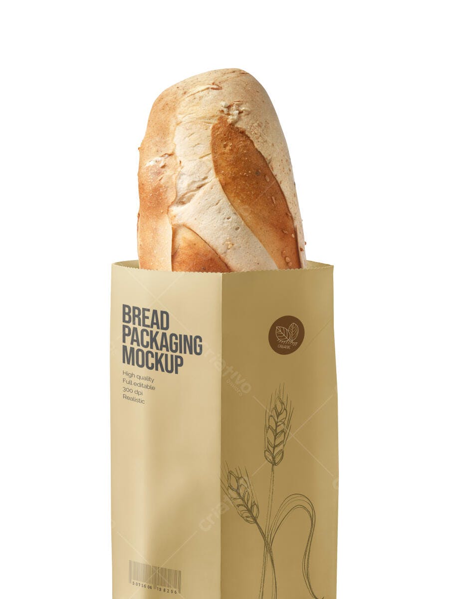 Mockup de Embalagem de Pão Rústico em Saco Kraft Marrom Realista