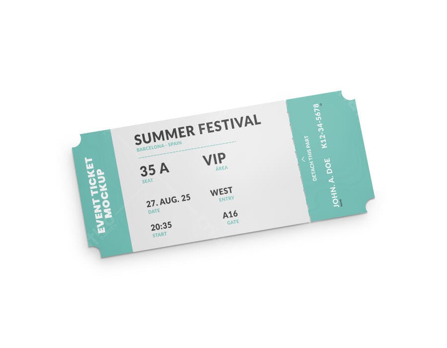 Mockup de Ingresso para Festival de Verão Bilhete Evento Branco e Verde-Água Realista