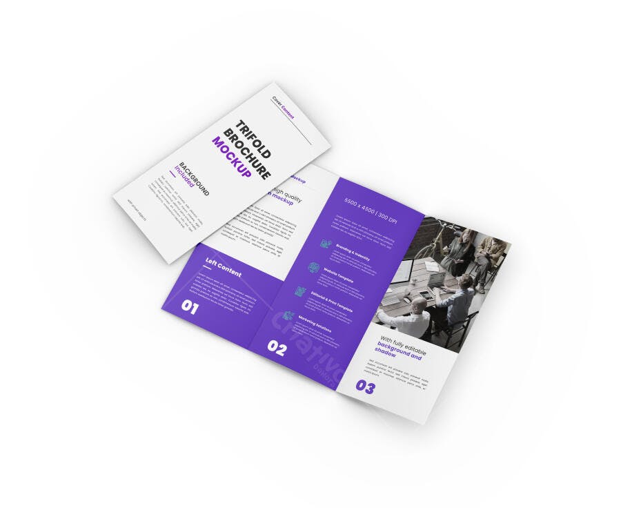 Mockup de Folder Tríptico Profissional Roxo e Branco em Estúdio Limpo