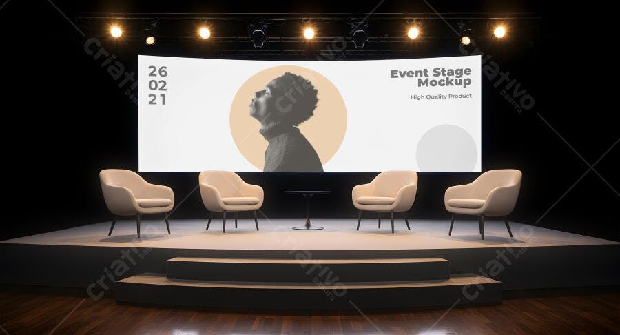 Mockup de Palco Moderno para Conferências com Telão de Speaker e Poltronas Bege