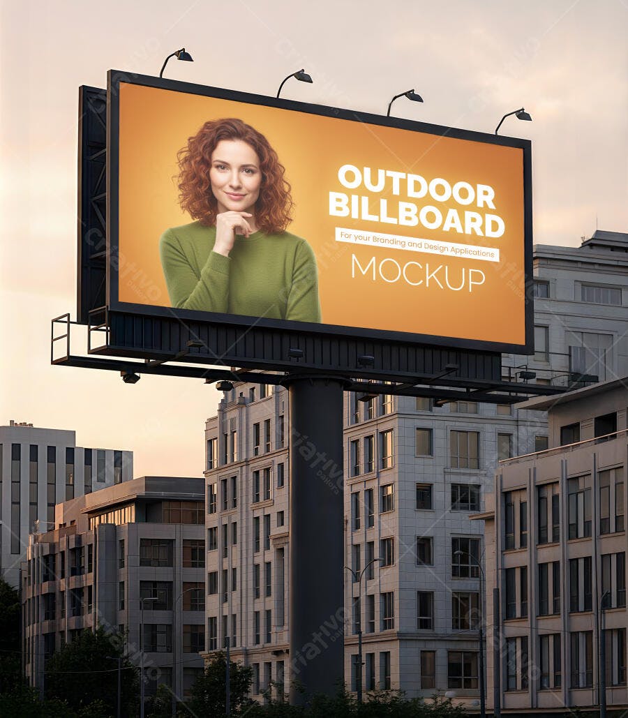 Mockup Realista de Outdoor Urbano com Mulher Ruiva e Fundo Laranja para Publicidade