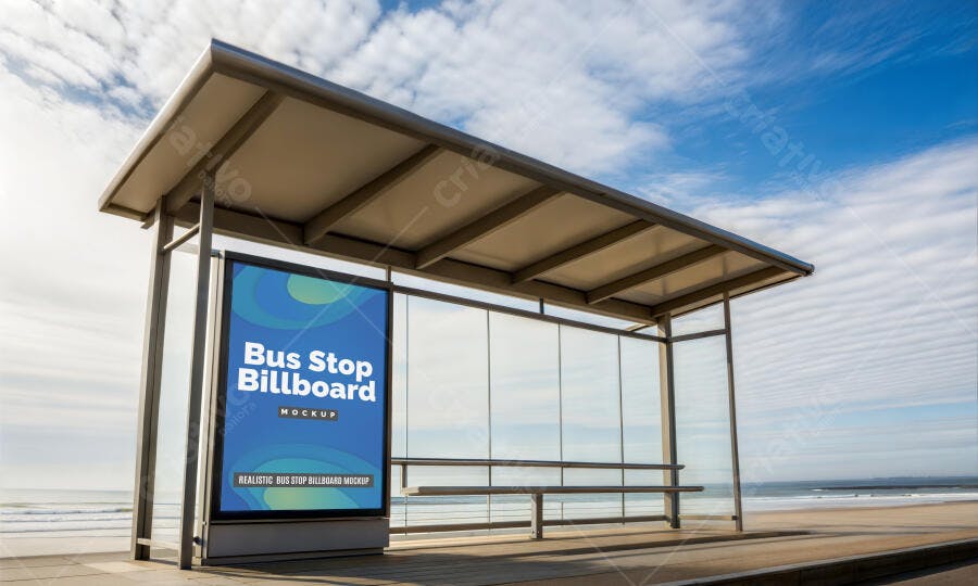 Mockup Realista de Outdoor Digital em Parada de Ônibus na Praia com Céu Azul