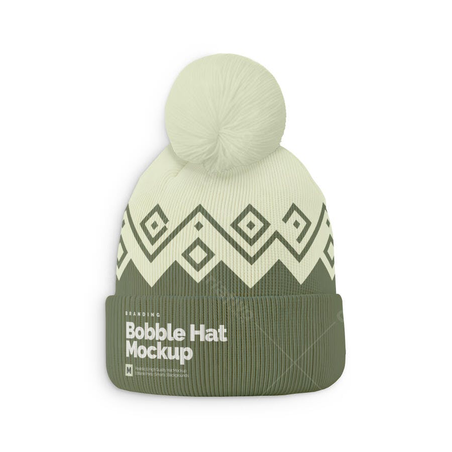 Mockup de Gorro com Pompom em Tricô Estilo Inverno Verde Oliva e Creme