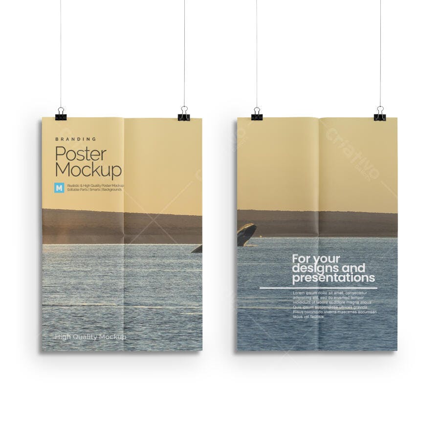 Mockup Poster Realista Duplo Pendurado com Dobras, Céu Dourado e Mar Azul