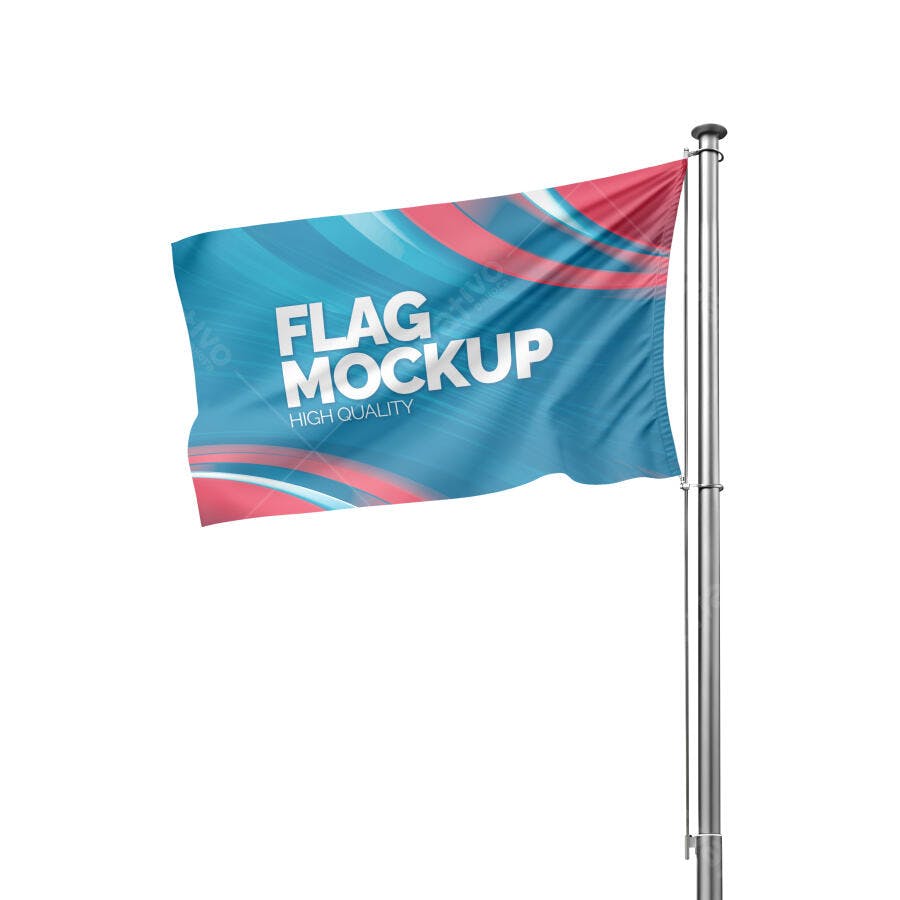 Mockup de Bandeira Retangular Ondulante em Mastro Metálico Fundo Branco
