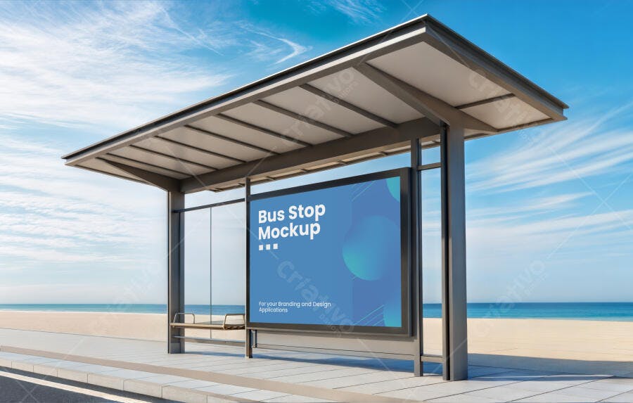 Mockup de Ponto de Ônibus Moderno com Outdoor Digital na Praia Azul e Céu Claro