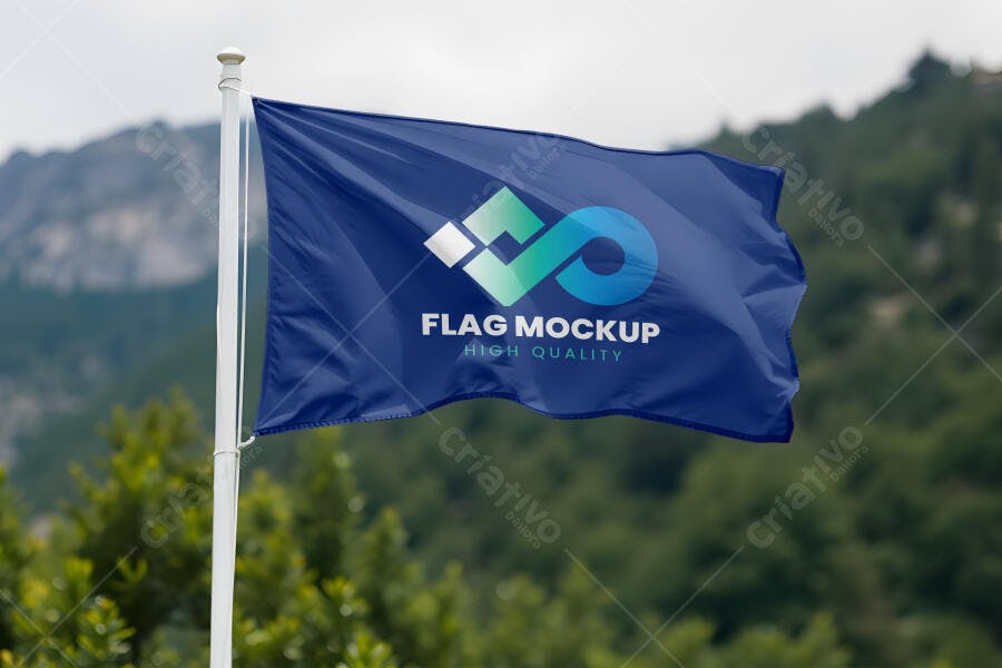 Mockup Realista Bandeira Azul Escuro Ondulando Exterior Cenário Natural