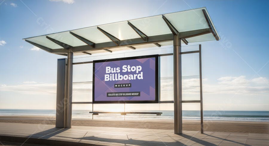 Mockup Realista de Outdoor Digital em Parada de Ônibus na Praia com Céu Azul