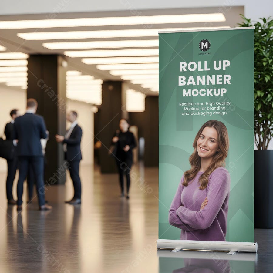Mockup Roll Up Banner Verde Menta em Hall Corporativo com Mulher Profissional