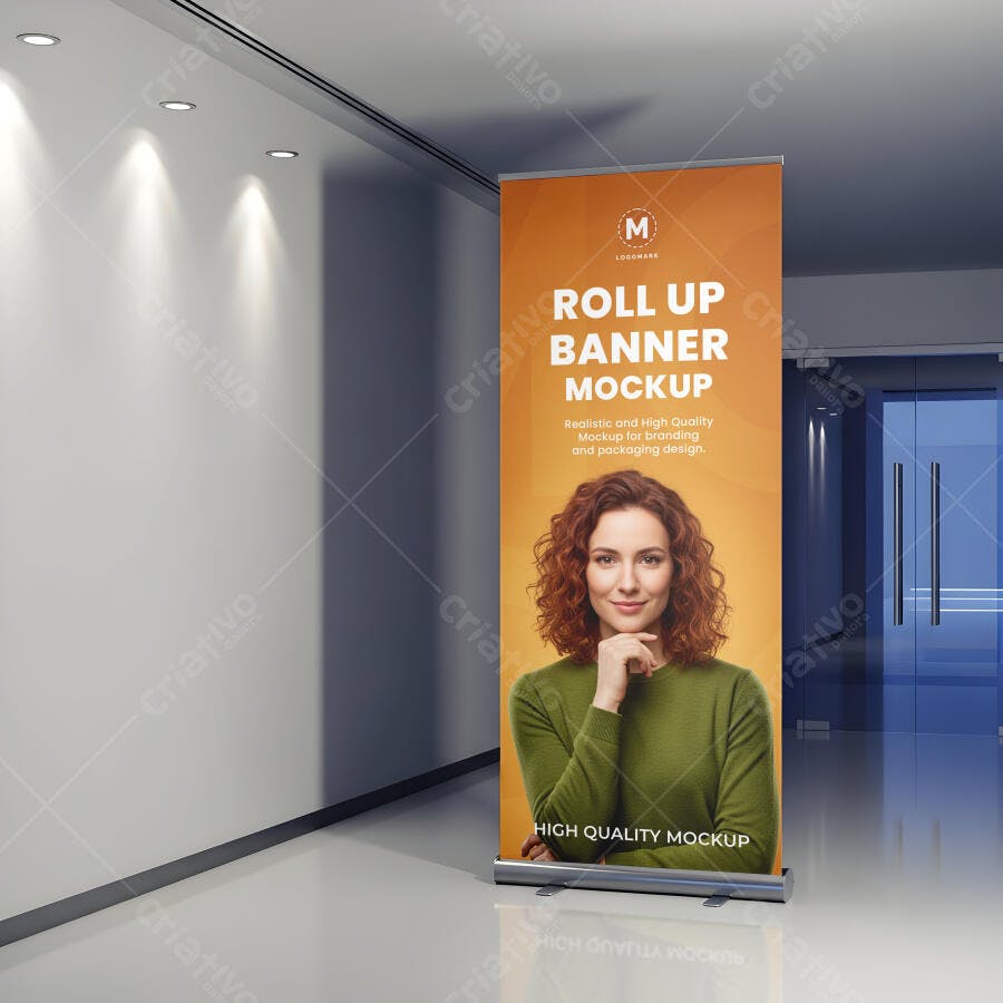 Mockup Roll Up Banner Realista com Mulher Ruiva Sorrindo em Escritório Moderno