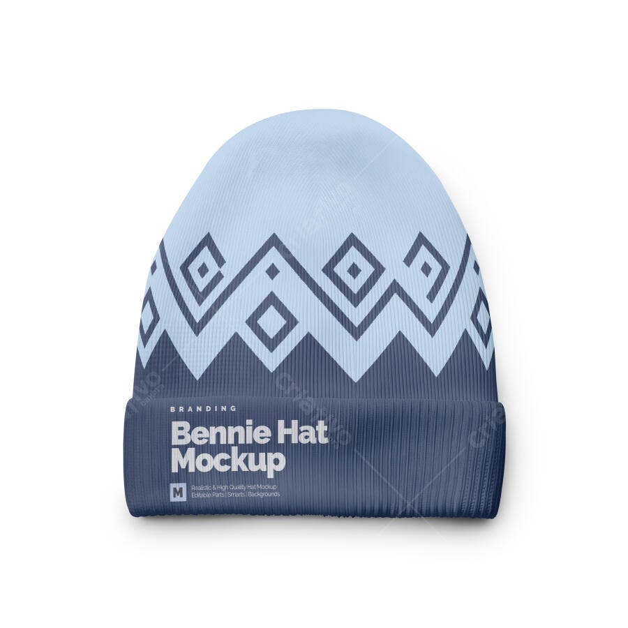 Mockup Realista de Gorro Bennie com Padrão Geométrico Azul Claro e Marinho