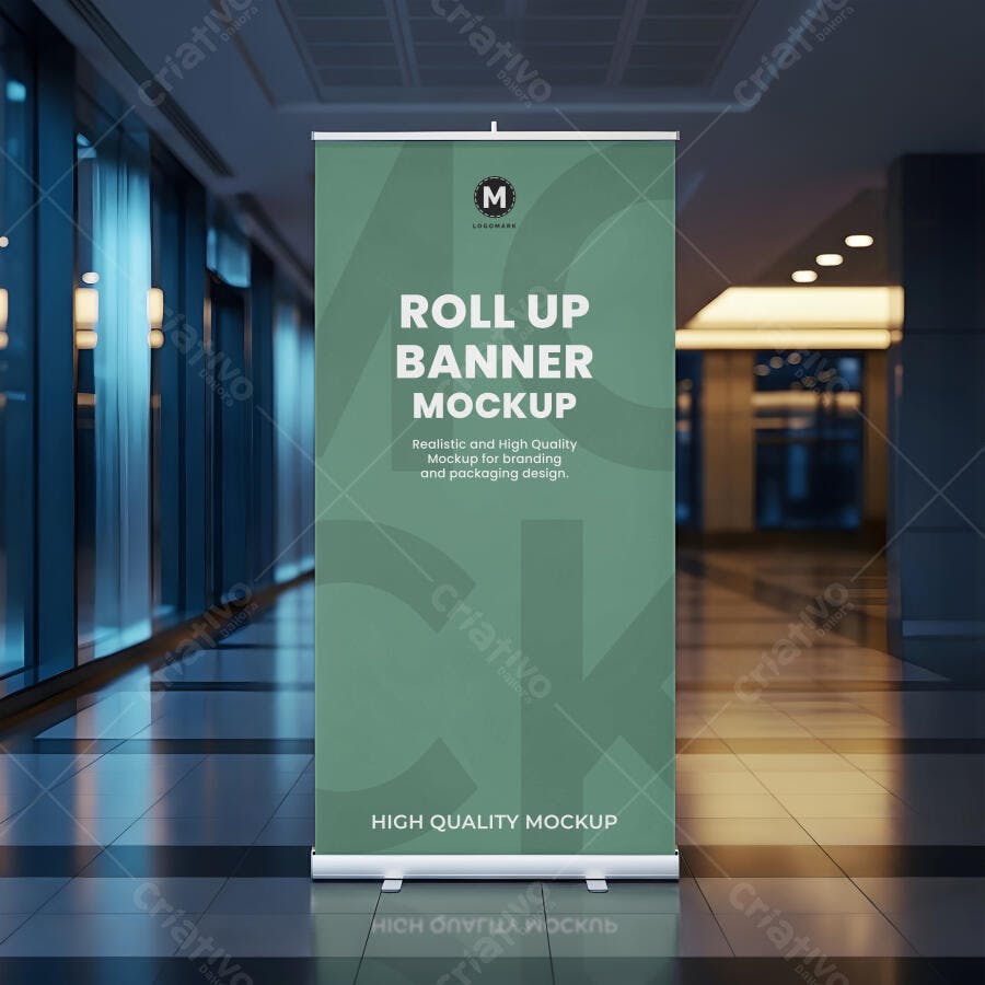 Mockup Realista de Roll Up Banner Verde em Hall de Eventos Moderno e Profissional