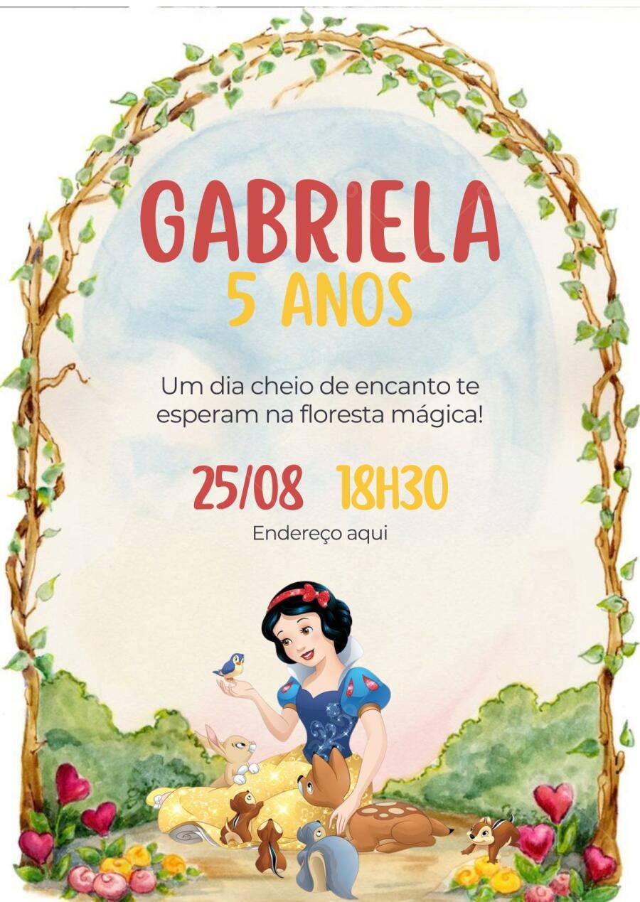 Convite aniversário infantil Branca de Neve e amigos da floresta aquarela Editável no Canva