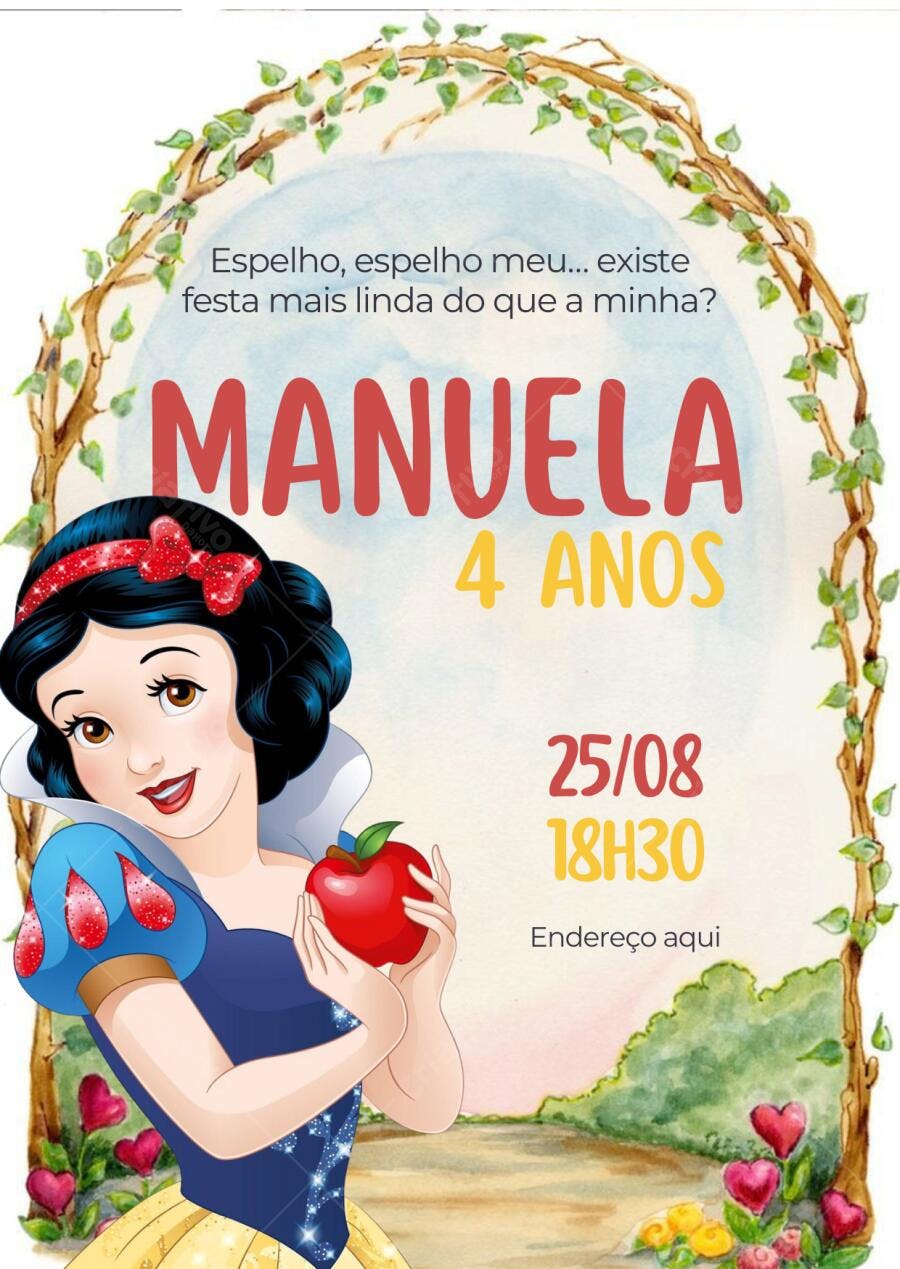 Convite de aniversário infantil Branca de Neve com maçã vermelha e arco de folhagens Editável no Canva