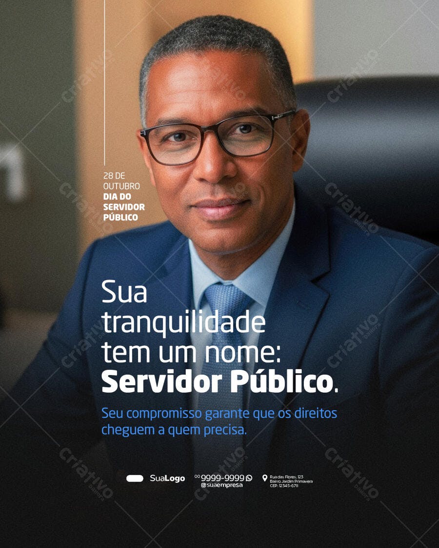 Post para Redes Sociais Dia do Servidor Público Homem Negro Terno Óculos PSD Editável