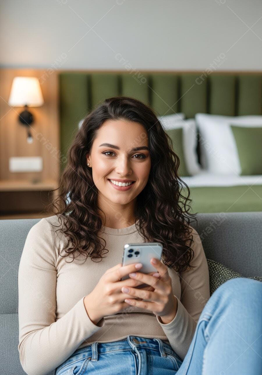 Mulher morena sorrindo usando smartphone no quarto acolhedor com cama verde