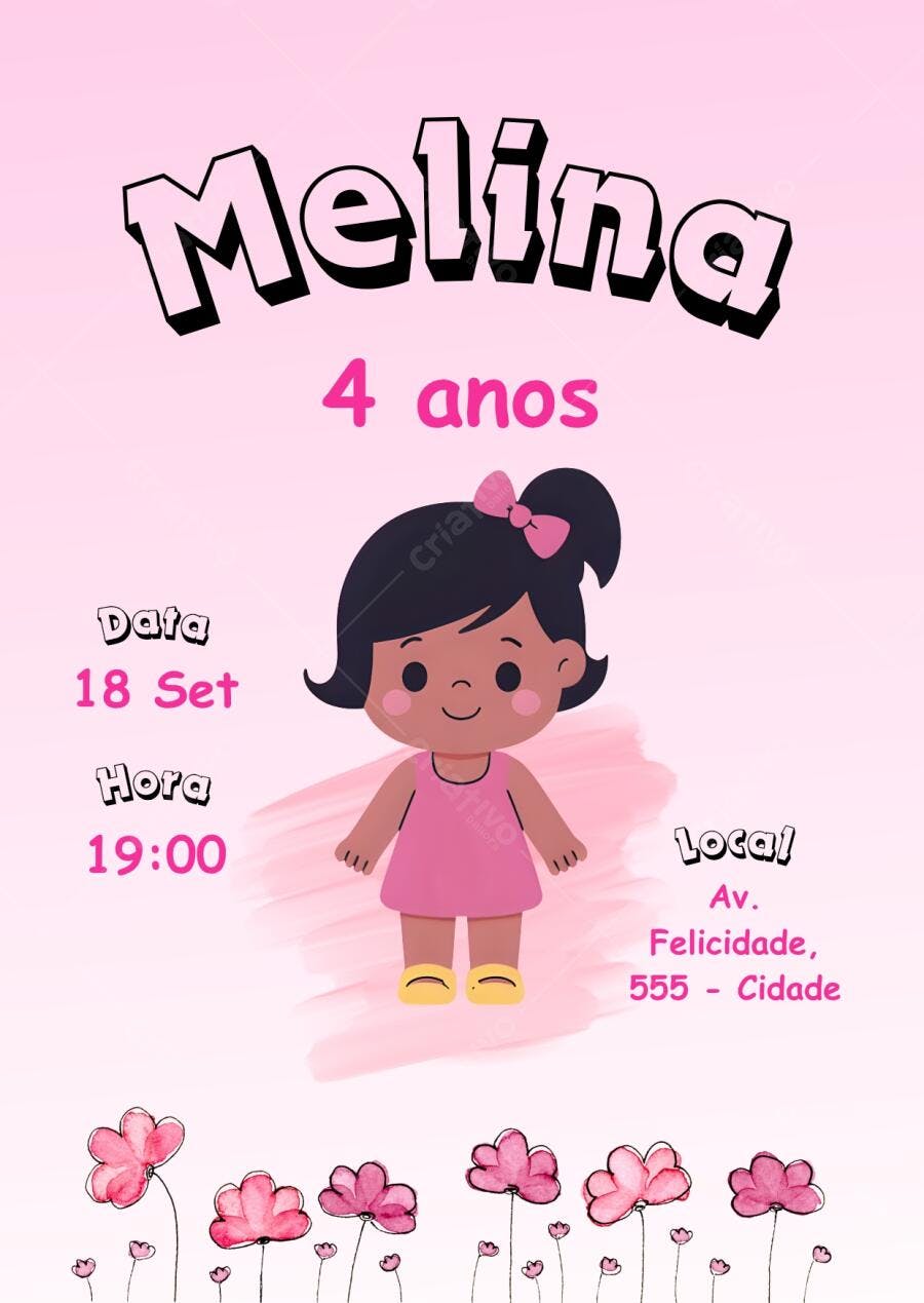Convite de aniversário infantil menina fofa rosa flores 4 anos Editável no Canva