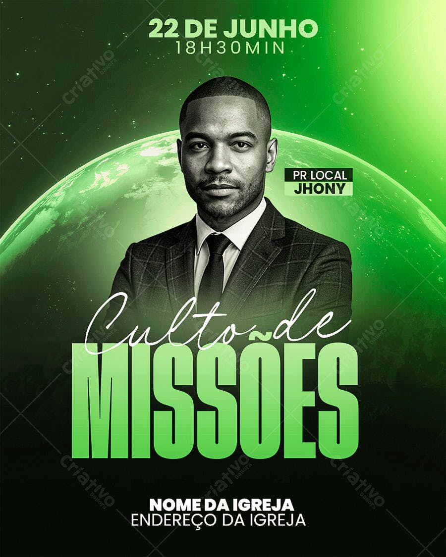 Flyer Culto de Missões com Pastor Jhony PSD Editável