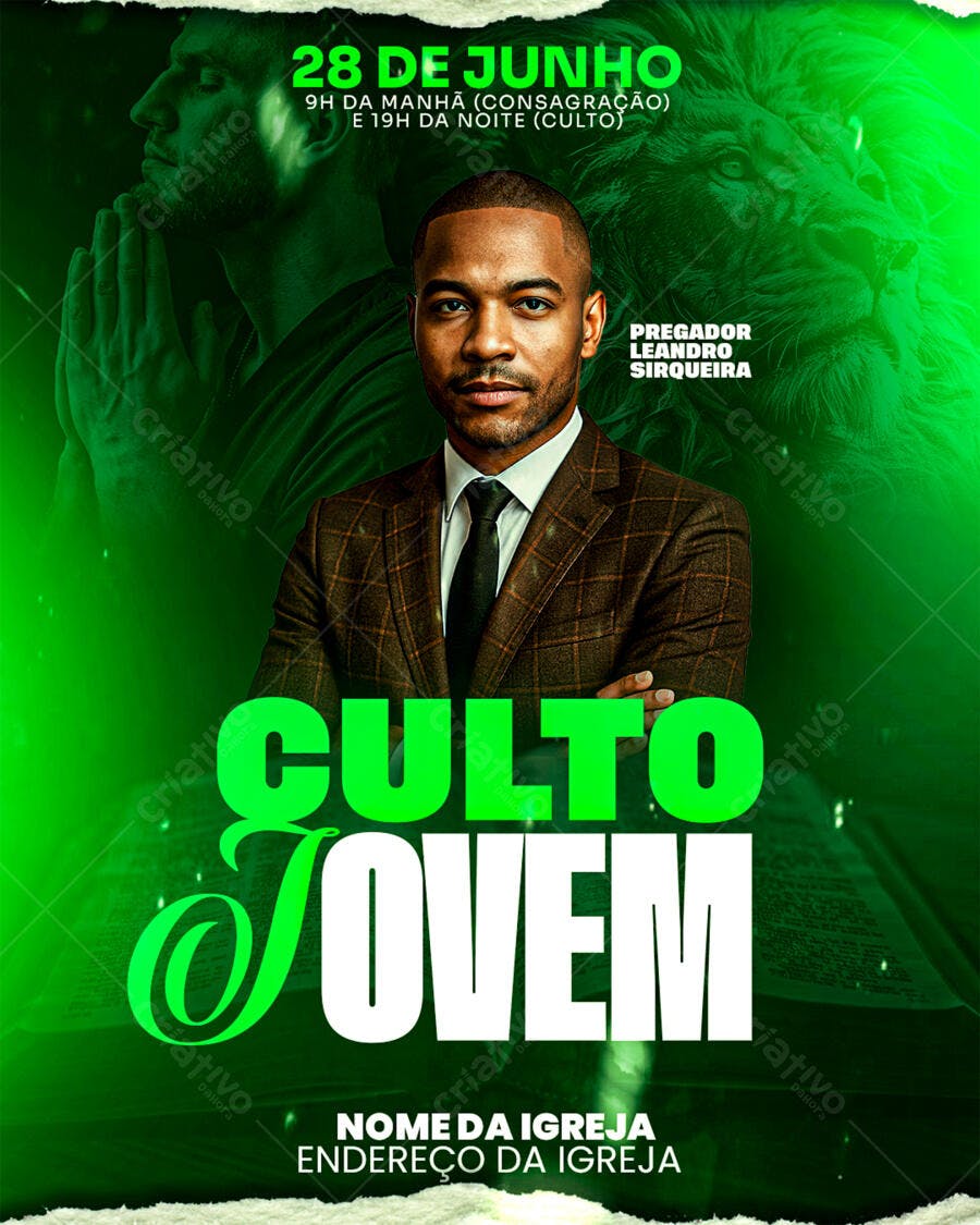 Flyer para Culto Jovem e Consagração com Pregador Leandro Sirqueira PSD Editável