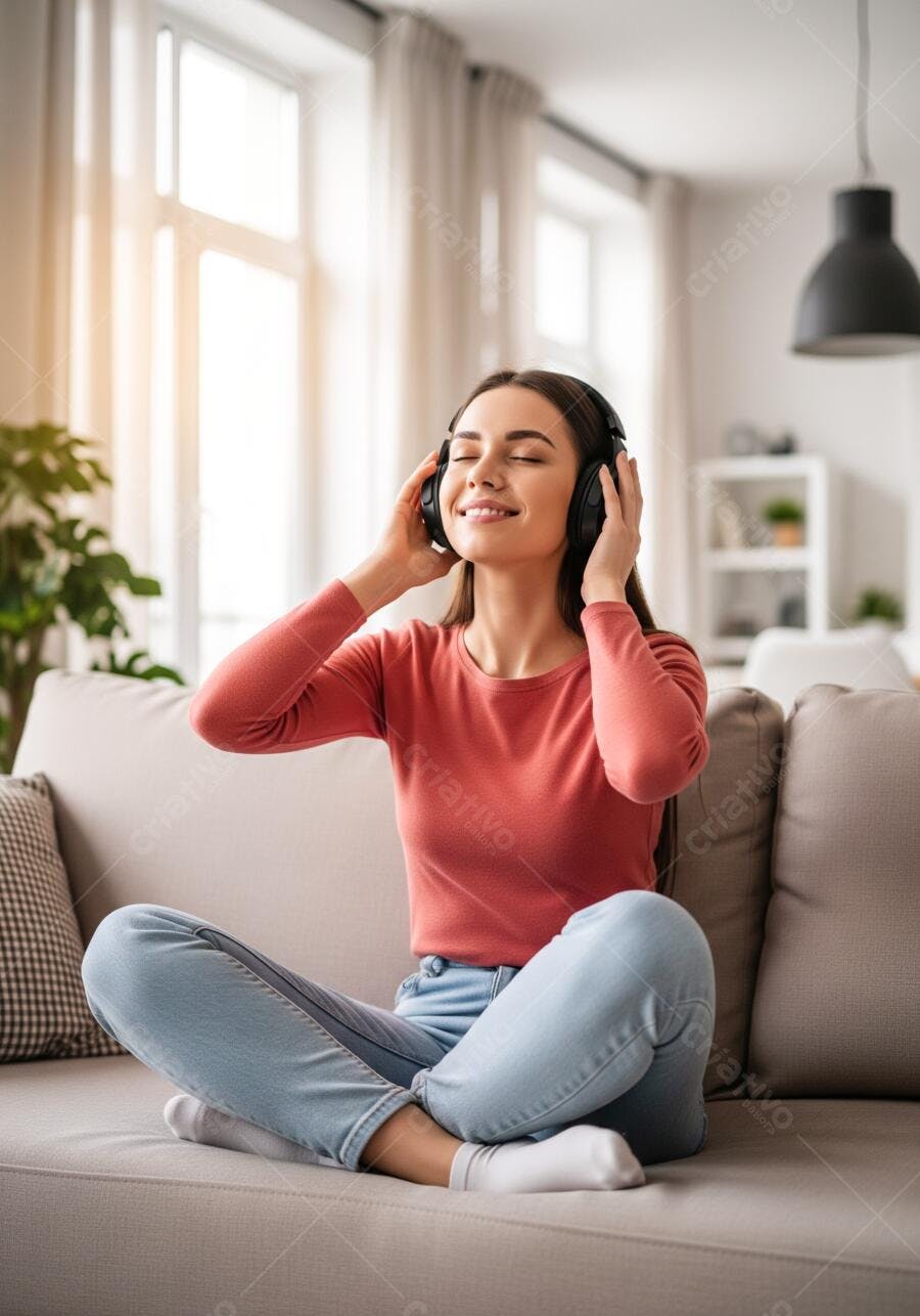 Mulher jovem feliz ouve música com fones de ouvido no sofá da sala