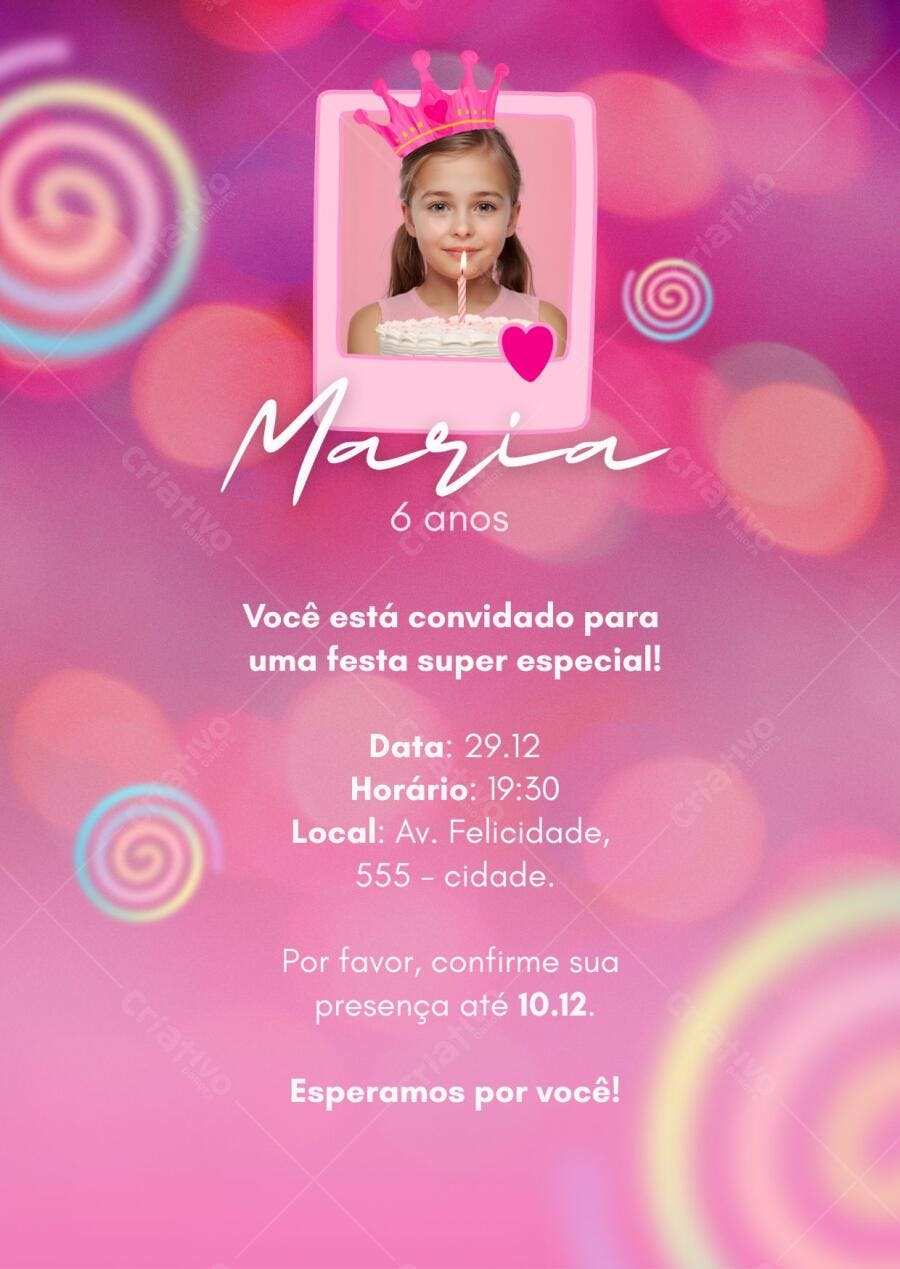 Convite de aniversário infantil princesa rosa com foto Editável no Canva