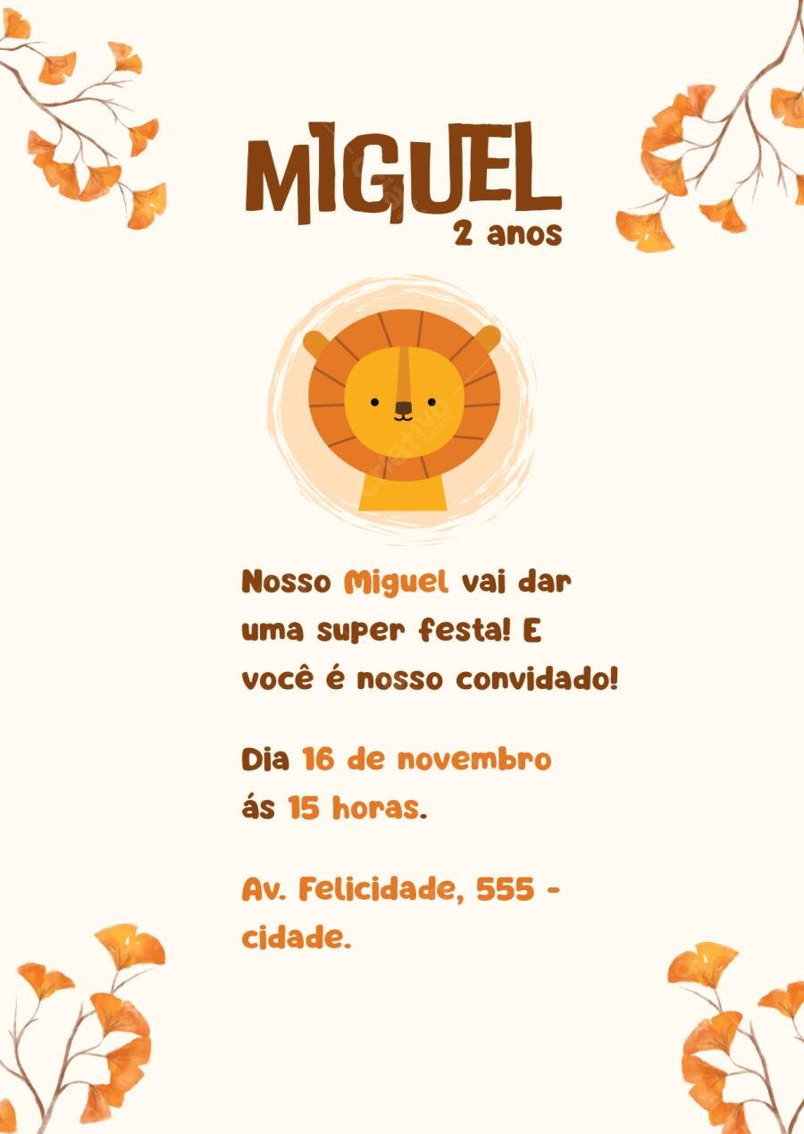 Convite de aniversário infantil leão safari aquarela tons terrosos Editável no Canva
