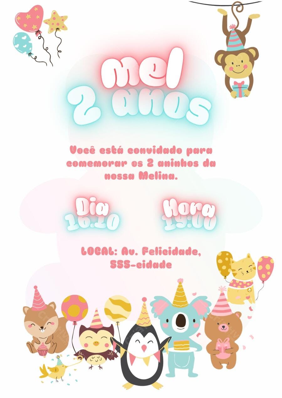 Convite aniversário infantil tema animais fofos da floresta balões coloridos Editável no Canva