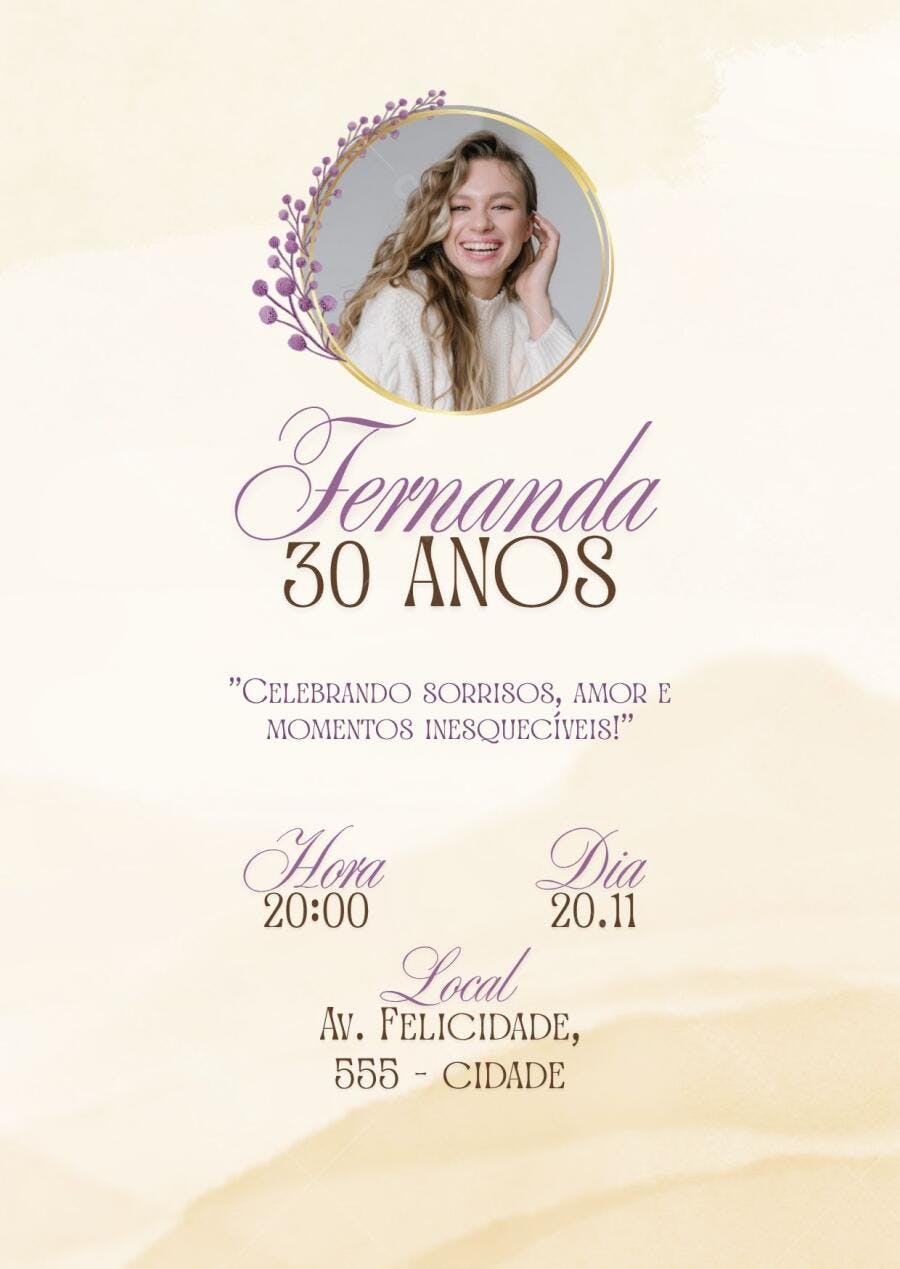 Convite de aniversário 30 anos elegante floral roxo e dourado Editável no Canva