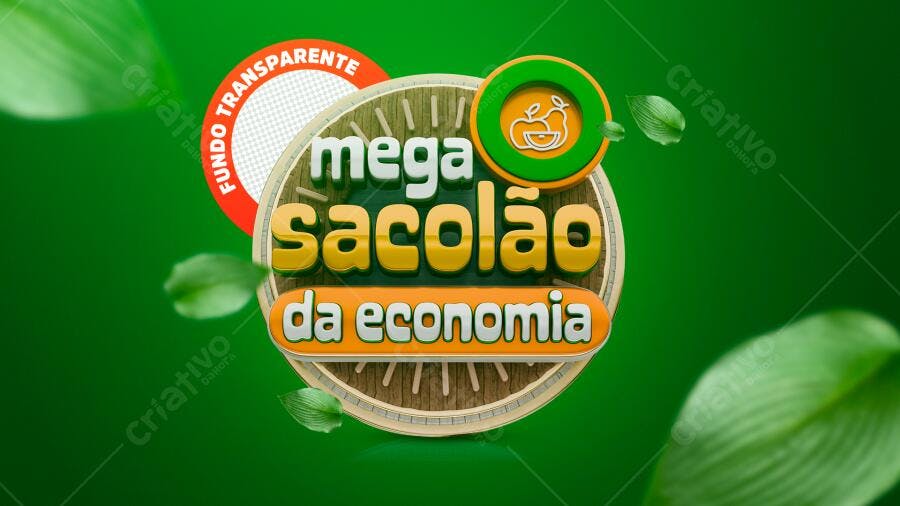 Selo 3D promocional economia mercado vibrante verde laranja madeira