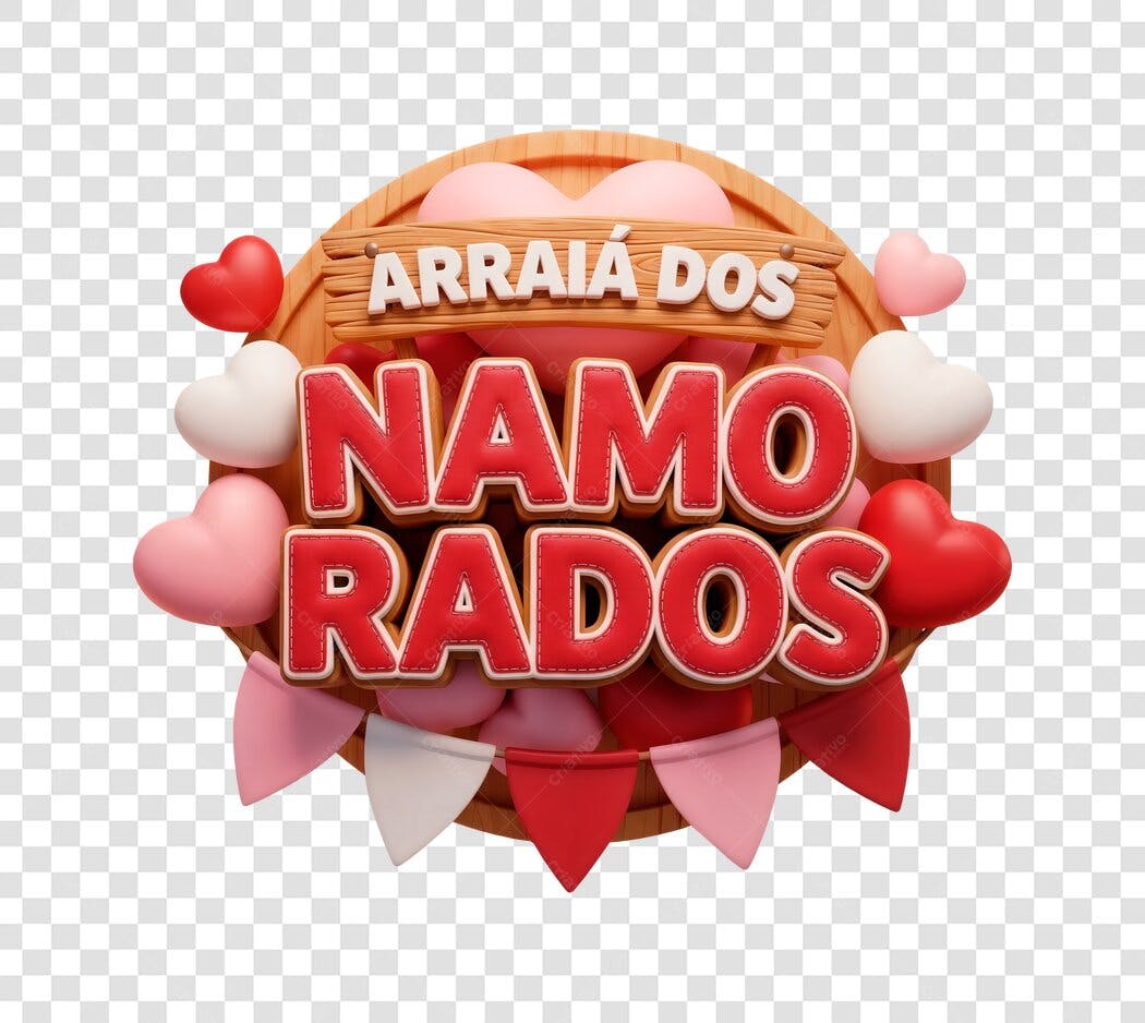 Elemento 3D Arraiá dos Namorados Festa Junina Corações PNG com fundo transparente
