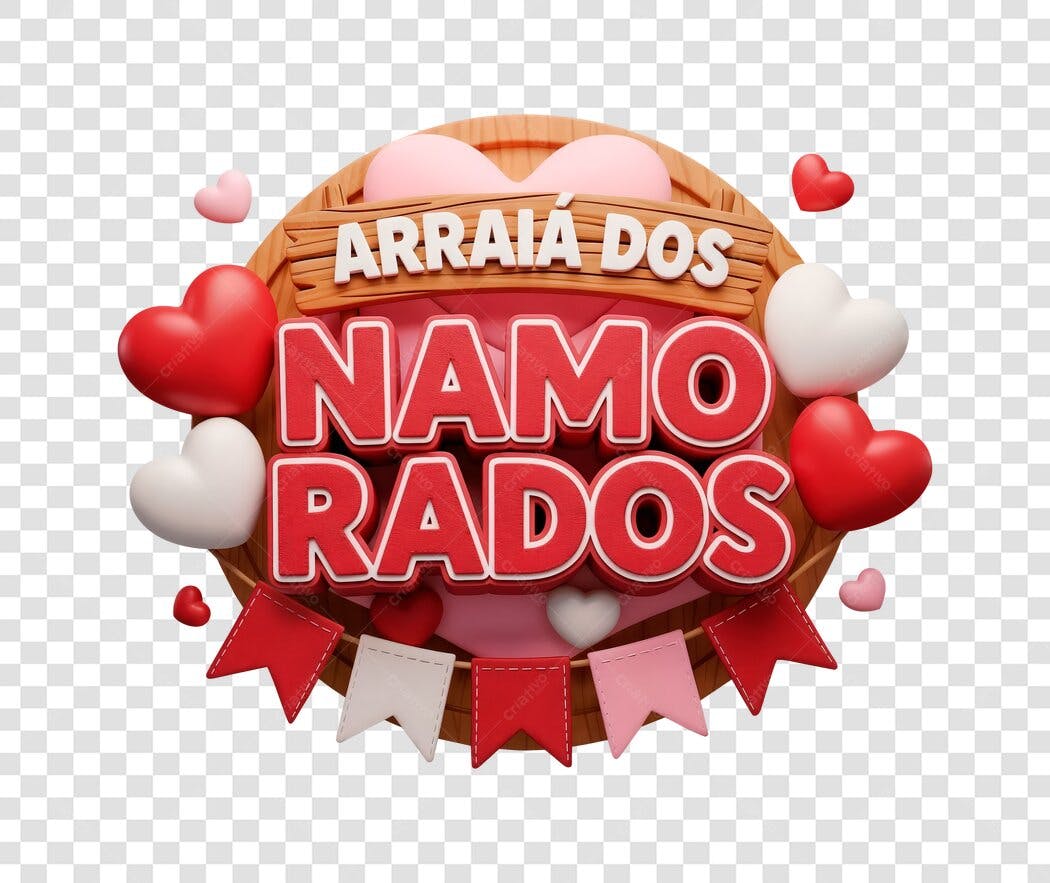 Selo Arraiá dos Namorados cor vermelho e madeira com corações e bandeirinhas PNG com fundo transparente