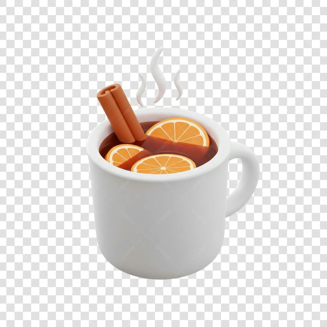 Ilustração bebida quente canela laranja Natal Inverno caneca branca PNG com fundo transparente