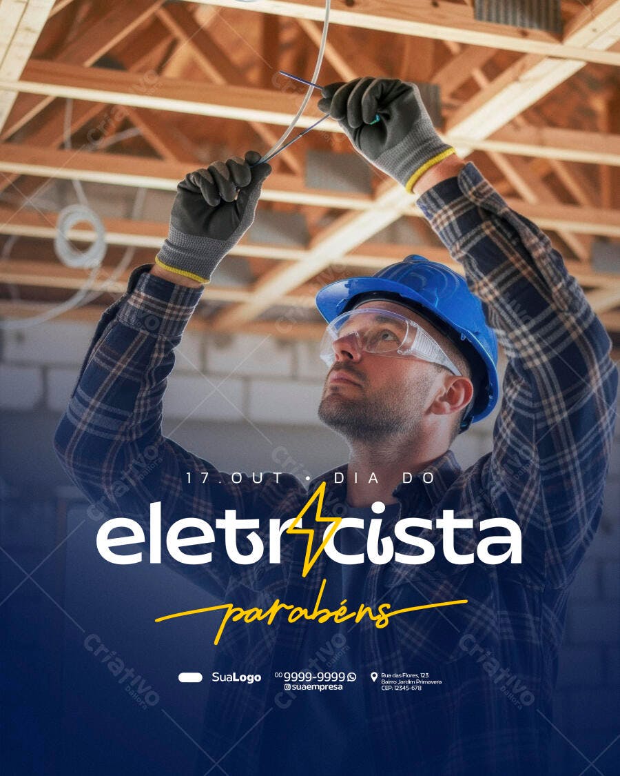 Flyer Dia do Eletricista com Homem de Capacete Azul e Luvas PSD Editável
