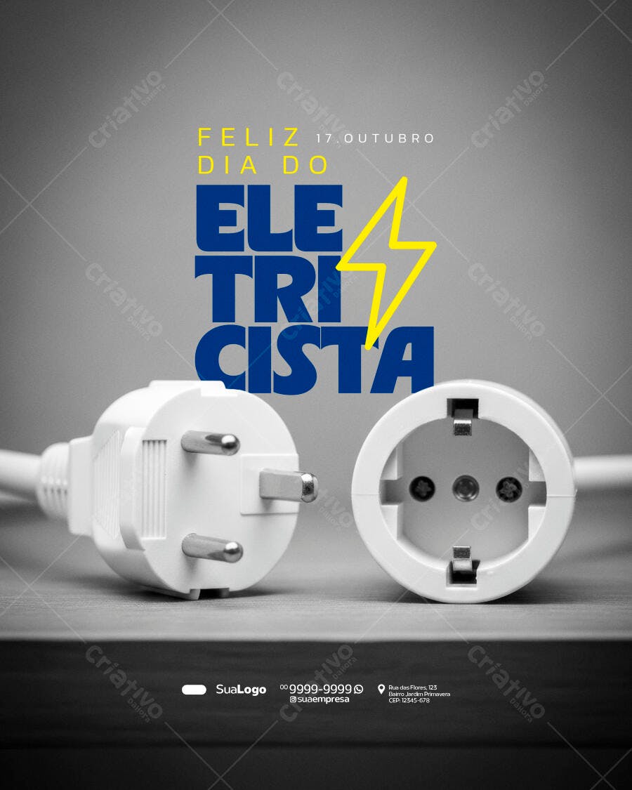 Flyer Dia do Eletricista com Plugue e Tomada Elétrica PSD Editável