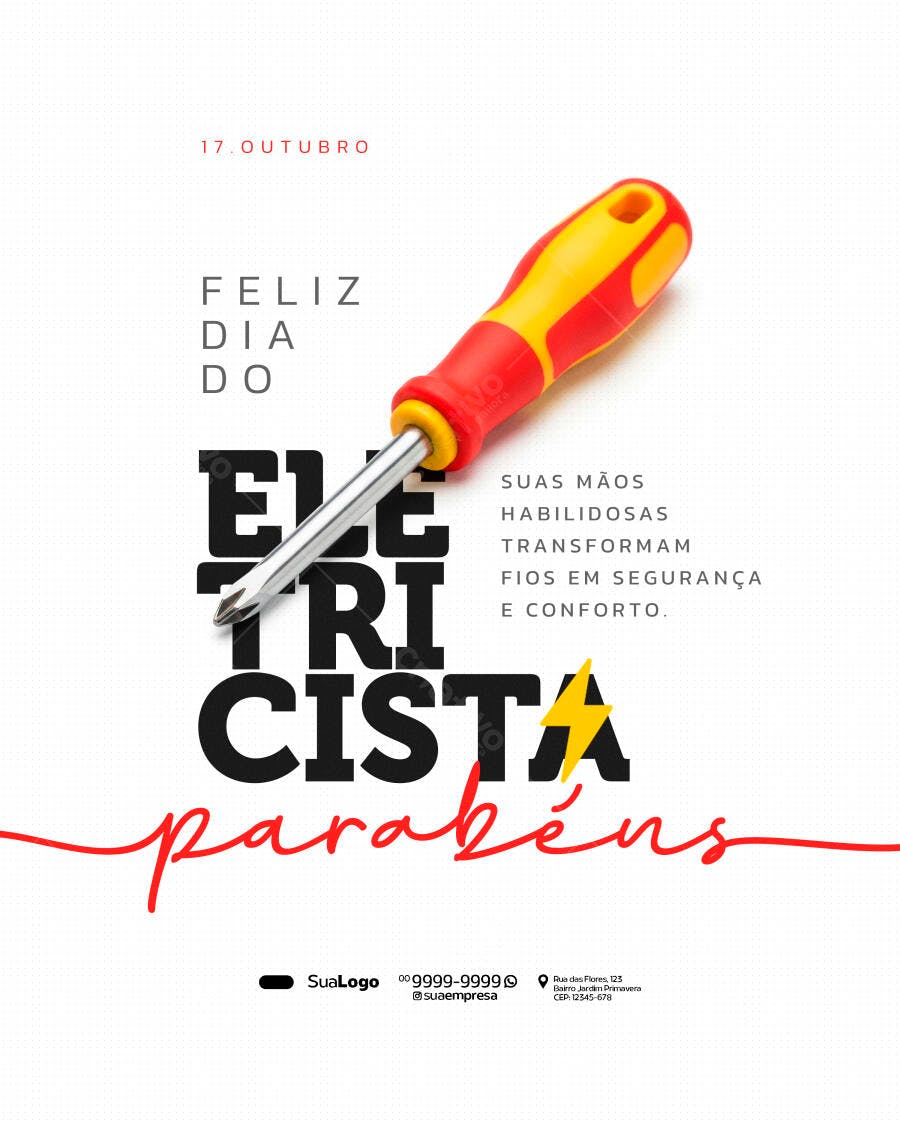 Flyer Feliz Dia do Eletricista 17 Outubro Chave Fenda Amarela e Vermelha PSD Editável