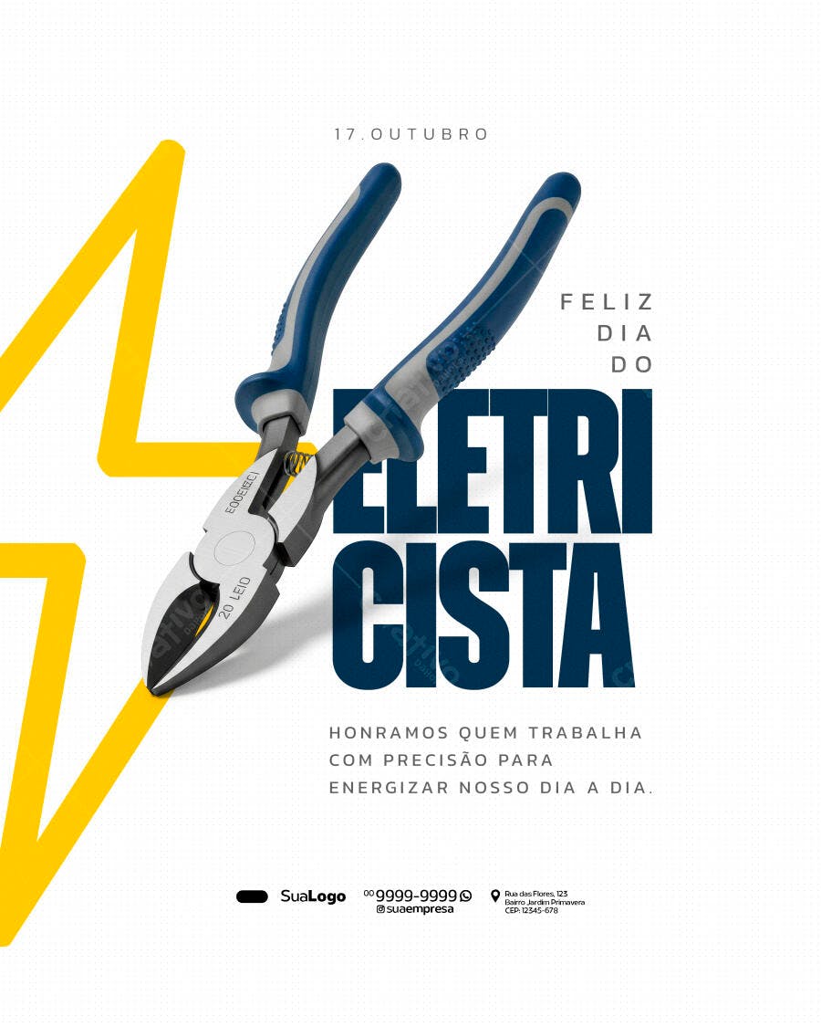 Flyer para Dia do Eletricista com Alicate e Raio PSD Editável
