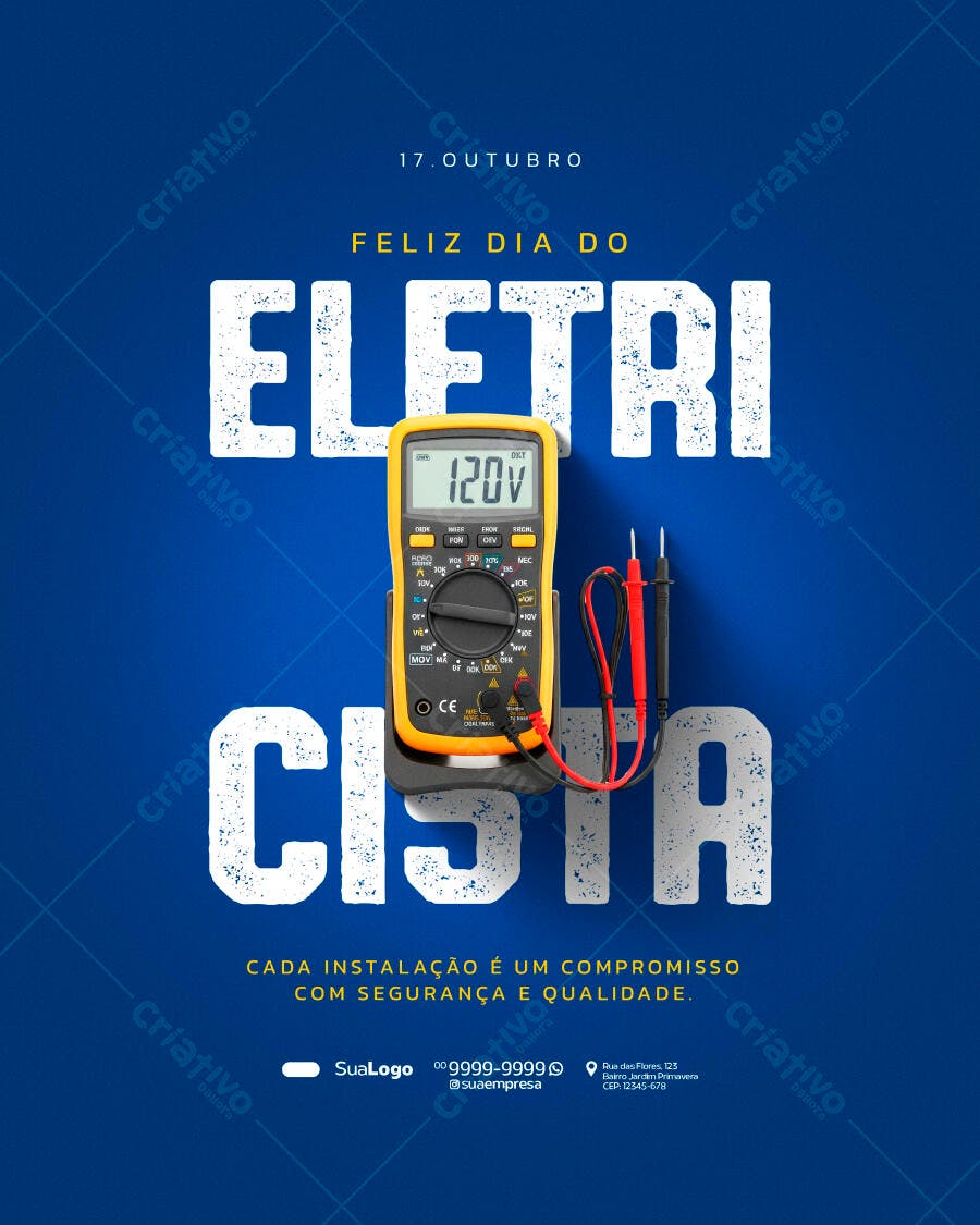 Flyer Dia do Eletricista com Multímetro 120V PSD Editável