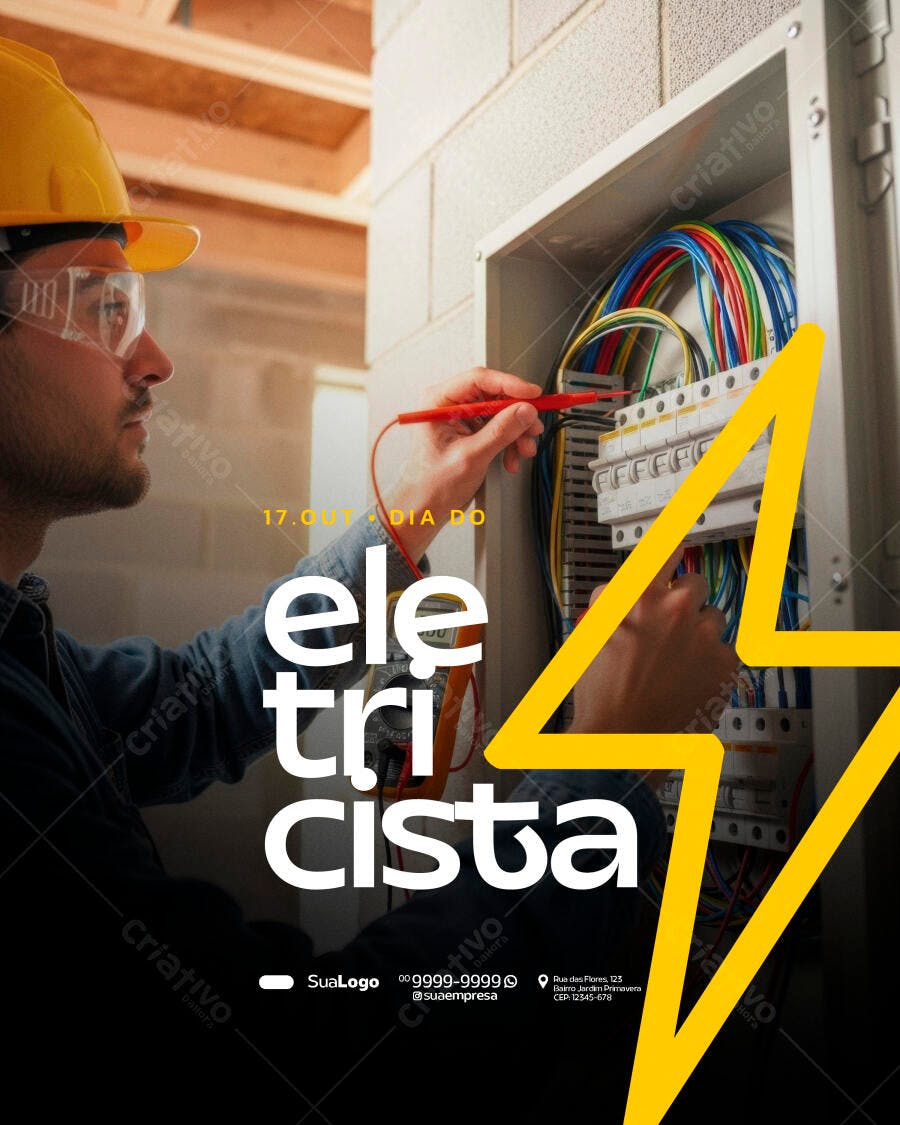 Flyer Dia do Eletricista Profissional Capacete Fiação PSD Editável