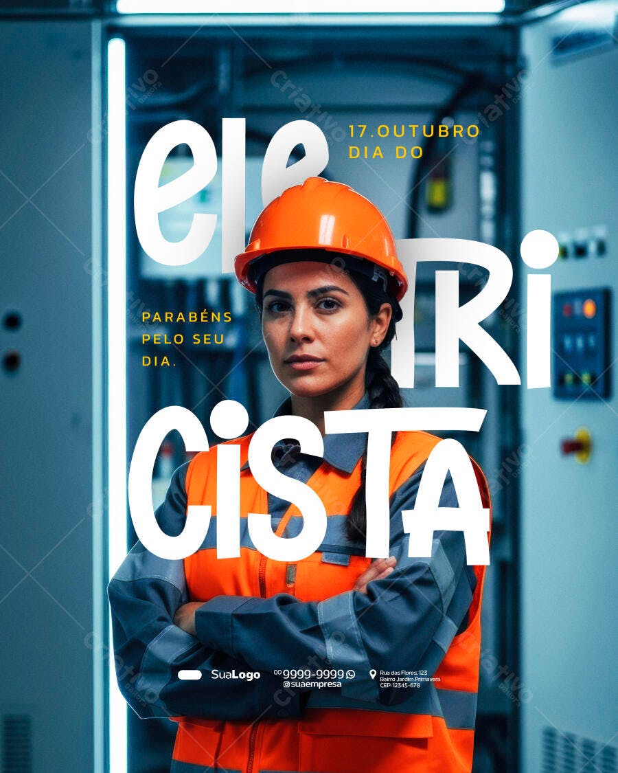 Flyer para Dia do Eletricista com Mulher Eletricista PSD Editável
