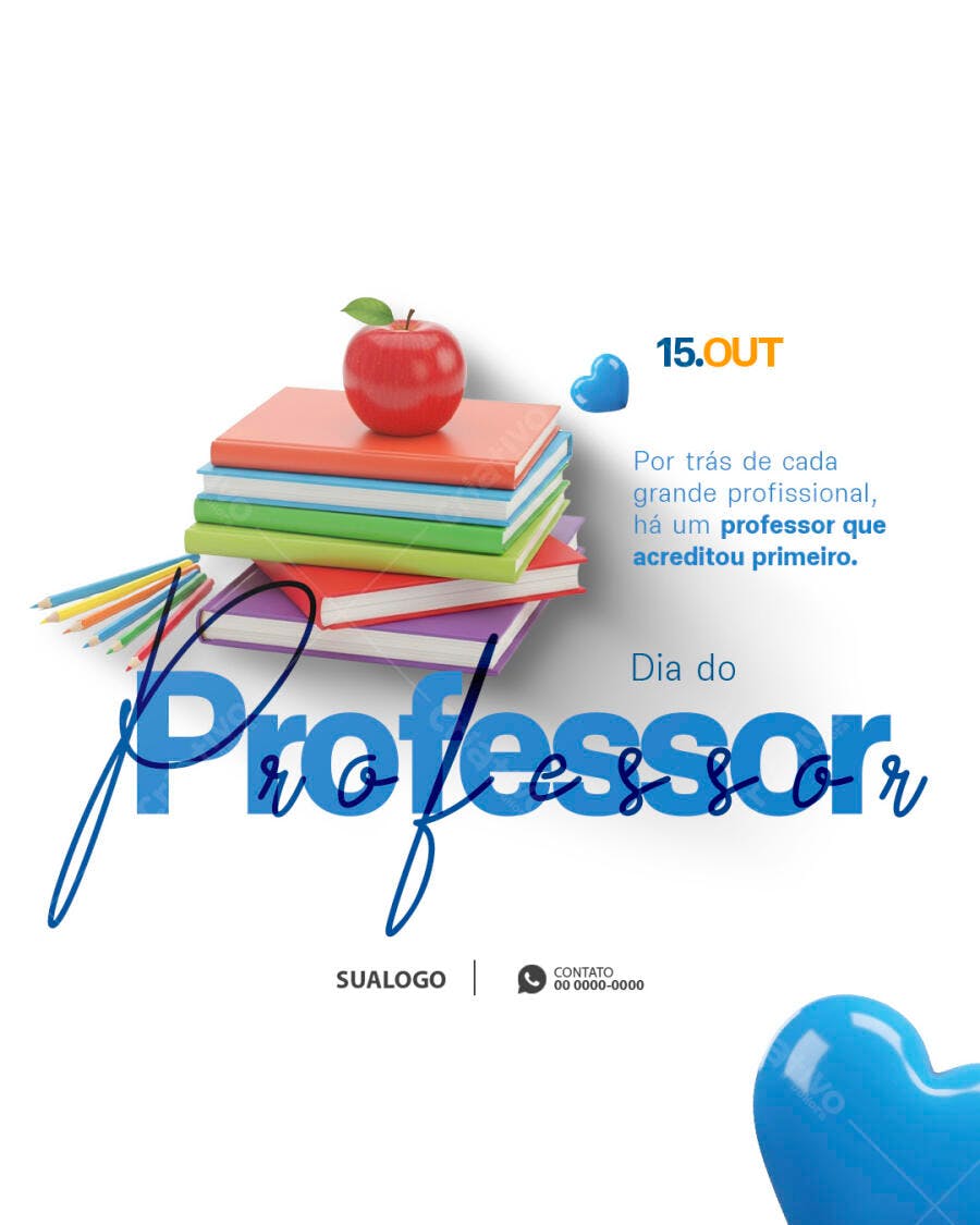 Flyer Dia do Professor com Maçã Livros e Lápis PSD Editável
