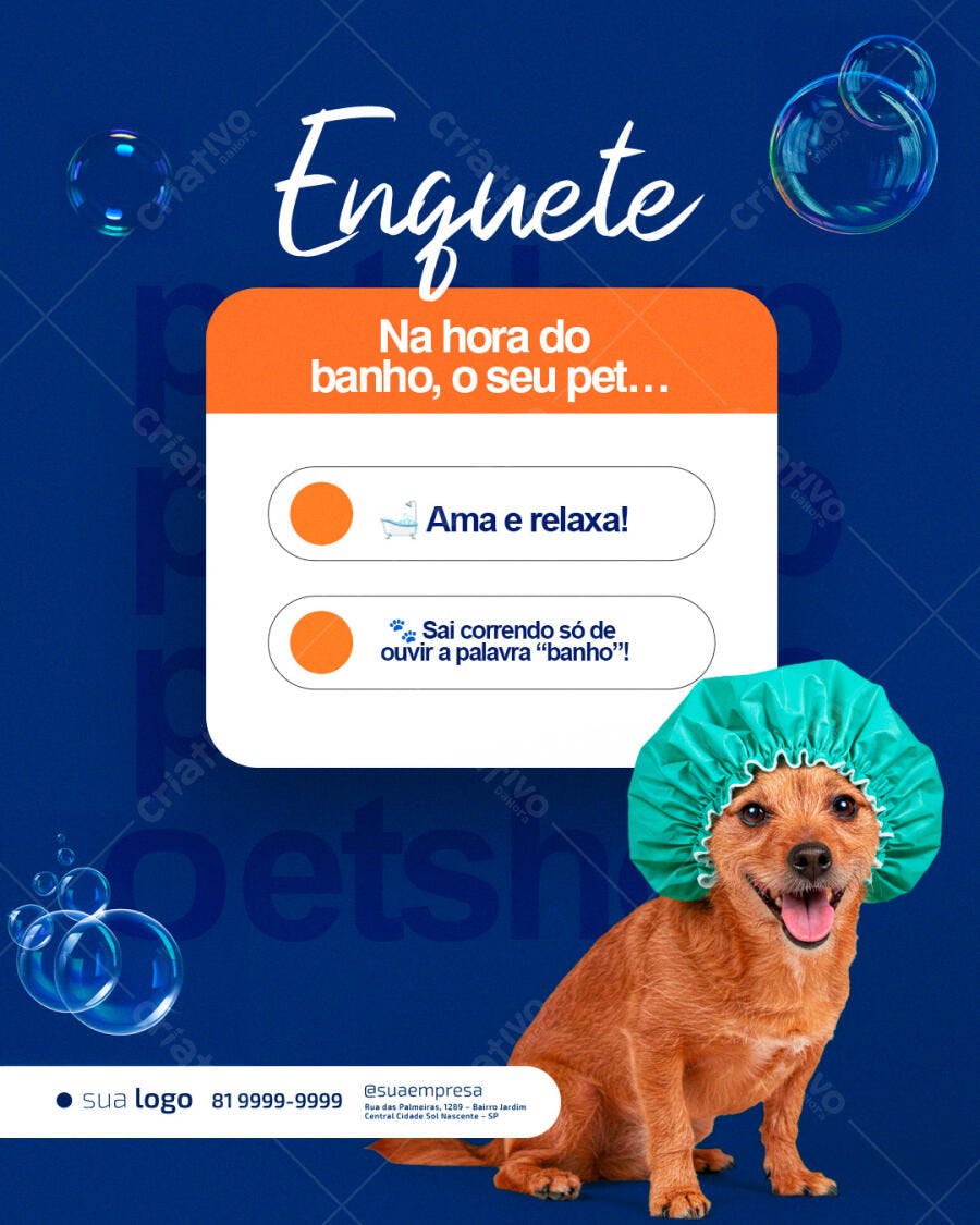 Flyer Enquete Pet Shop Banho Cachorro Touca Verde PSD Editável
