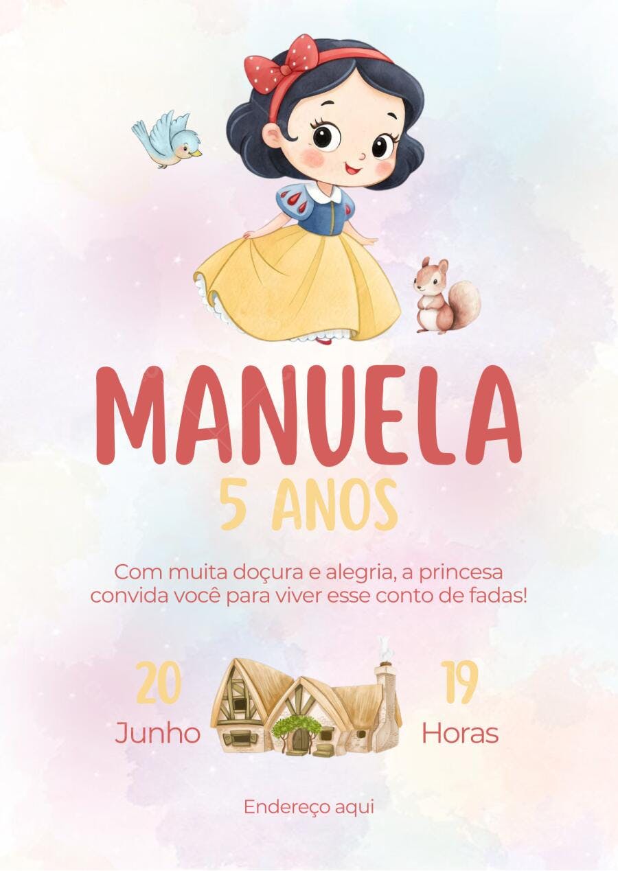 Convite de aniversário infantil Branca de Neve e seus amigos floresta mágica Editável no Canva