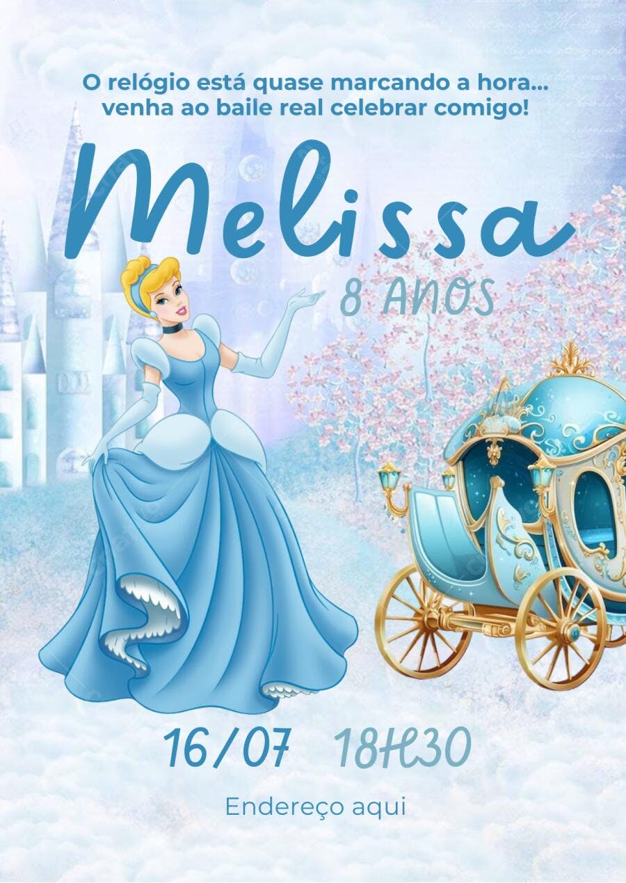 Convite de aniversário infantil Cinderela tema baile real azul castelo Editável no Canva