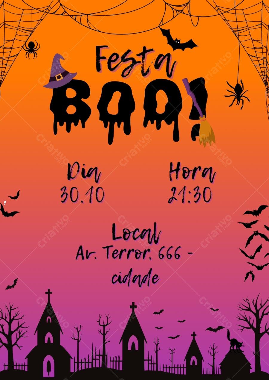 Convite de Halloween com bruxa morcegos teias e cemitério roxo e laranja Editável no Canva