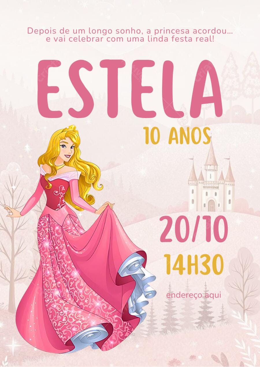 Convite aniversário princesa Aurora castelo floresta rosa dourado Editável no Canva