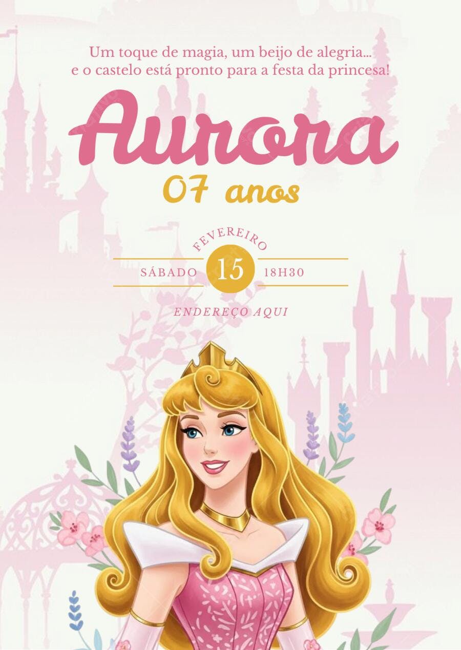 Convite de aniversário infantil Princesa Aurora Bela Adormecida mágico rosa Editável no Canva