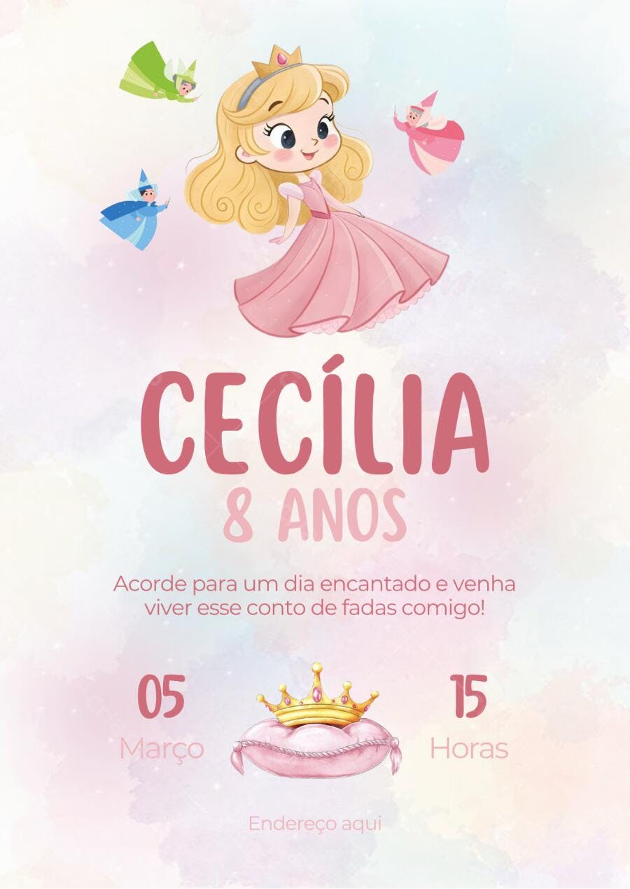 Convite aniversário infantil princesa fadas Aurora Bela Adormecida estilo fofo Editável no Canva