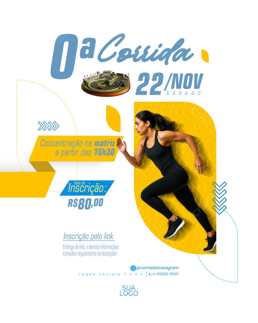 Flyer para Corrida Fitness 0a Edição Mulher Correndo Pista PSD Editável